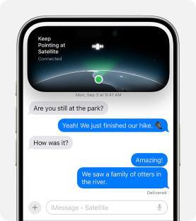 iPhone screen showing satellite connection and text messages about a hike.