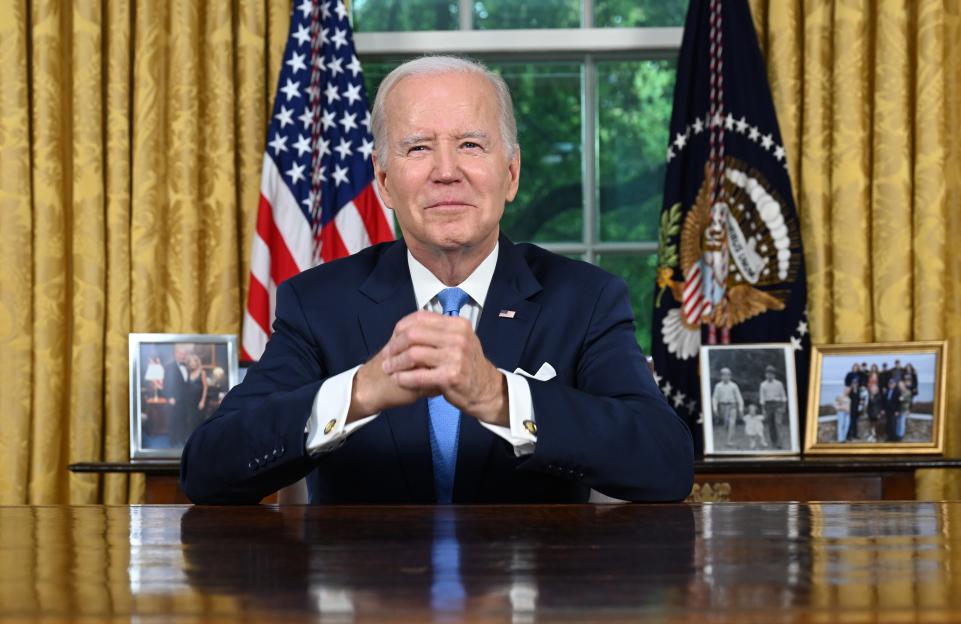 President Joe Biden addresses the nation from the Oval Office.