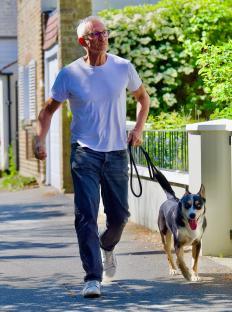 Gary Lineker walking his dog.