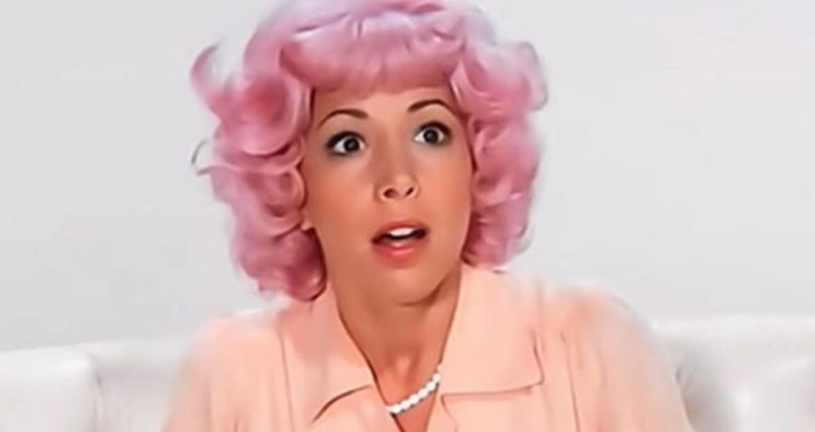 Frenchy from Grease with pink hair.