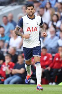 Cristian Romero of Tottenham Hotspur in action during a soccer match.