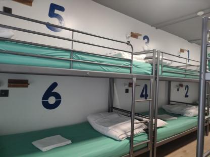 Bunk beds in a hostel room.