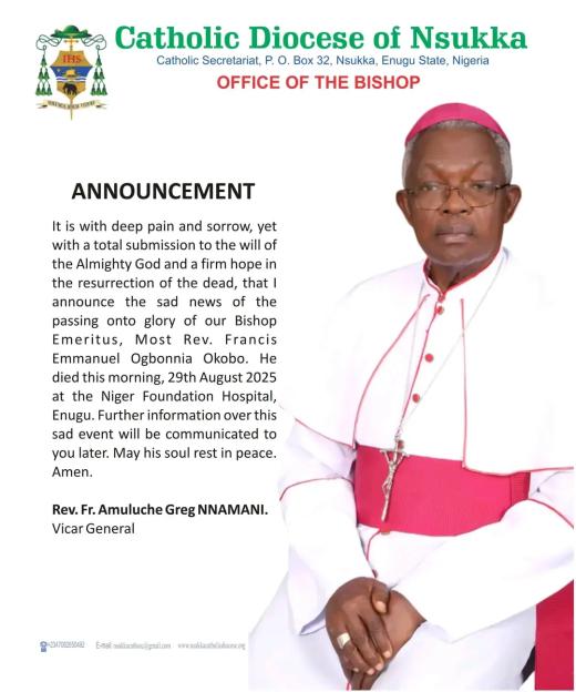 Bishop emeritus Of Nsukka Catholic Diocese, Francis Okobo is dead