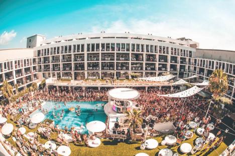 Aerial view of Ibiza Rocks Hotel pool party.