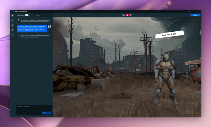 Screenshot of a user prompting an AI Assistant in Meta Horizon Studio to create a post-apocalyptic wasteland, which is then rendered.