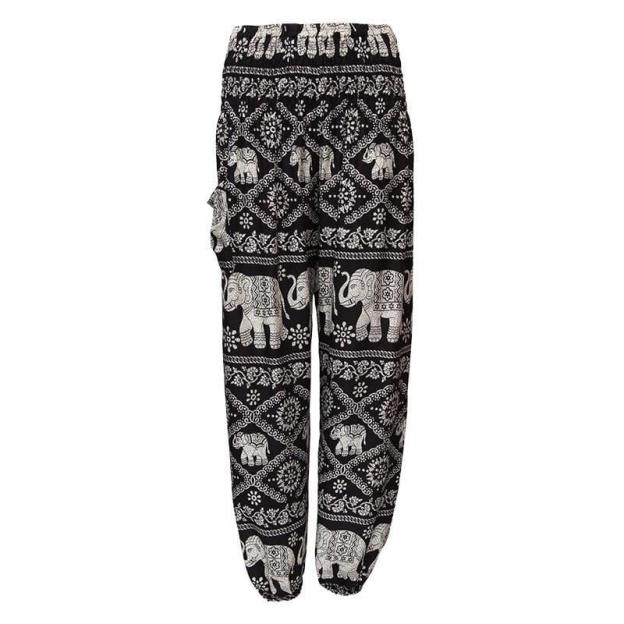 Black harem pants with an elephant print.