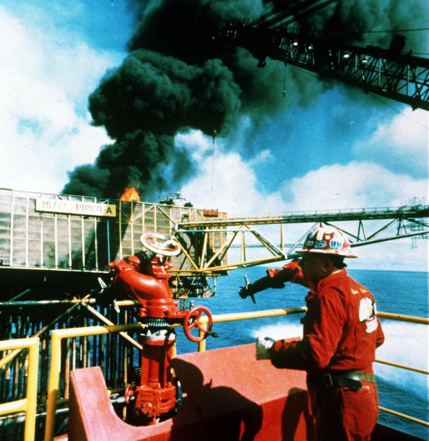 Red Adair fighting the Piper Alpha oil rig fire.