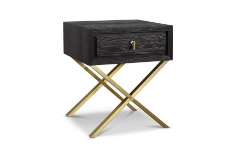 Black side table with gold legs and one drawer.