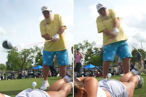 ‘Living legend’, say fans as Hooters-loving wild man of golf John Daly tees off glamorous woman’s BUM
