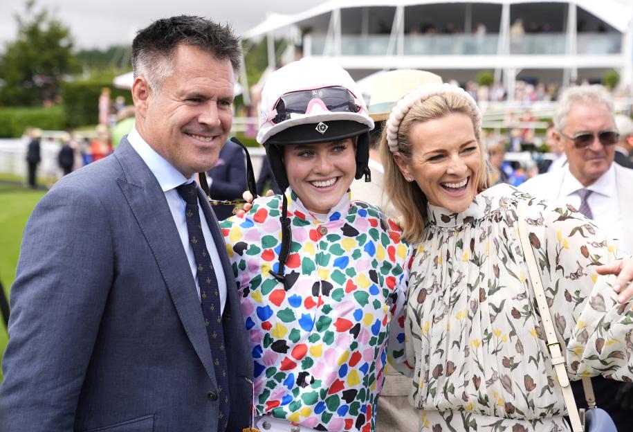 Jockey Lois Logan with her parents, Kenny and Gabby Logan, at Goodwood Racecourse.