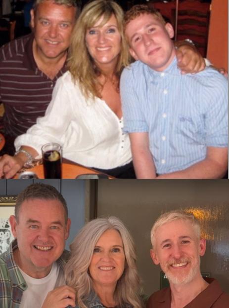 Then and now photo of a family.