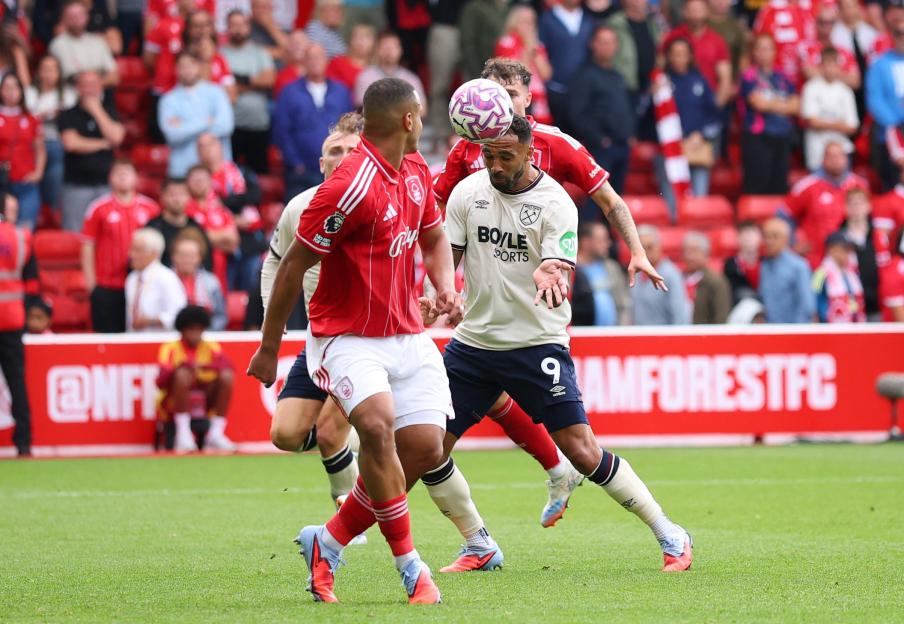 West Ham United's Callum Wilson heads the ball during a soccer match.