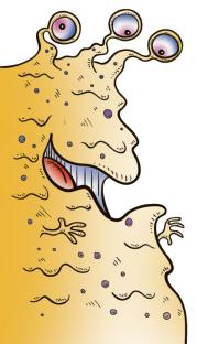 Illustration of a three-eyed, yellow monster.