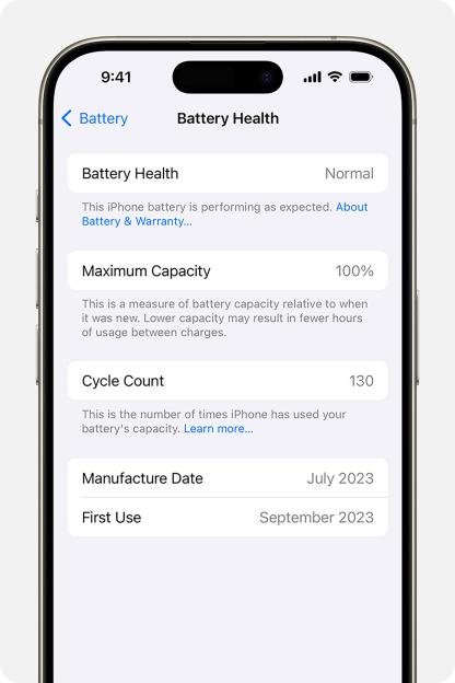 iPhone battery health report: 100% maximum capacity, 130 cycle count.
