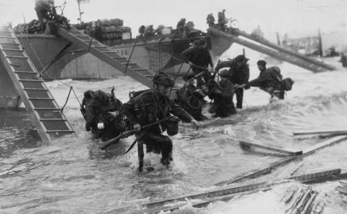 British troops wading ashore on D-Day at Sword Beach.