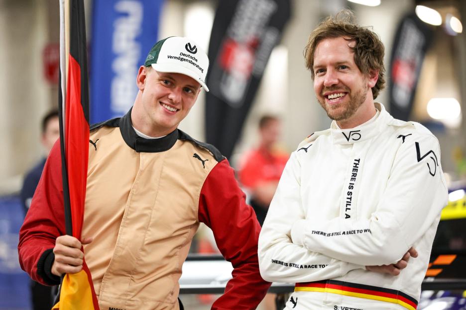 Mick Schumacher and Sebastian Vettel of Team Germany at the Race of Champions.