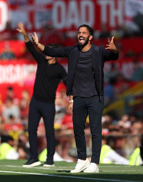 Ruben Amorim, Manchester United manager, reacting during a match.
