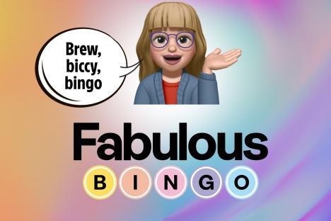 Illustration of a woman saying "Brew, biccy, bingo" with "Fabulous Bingo" below.