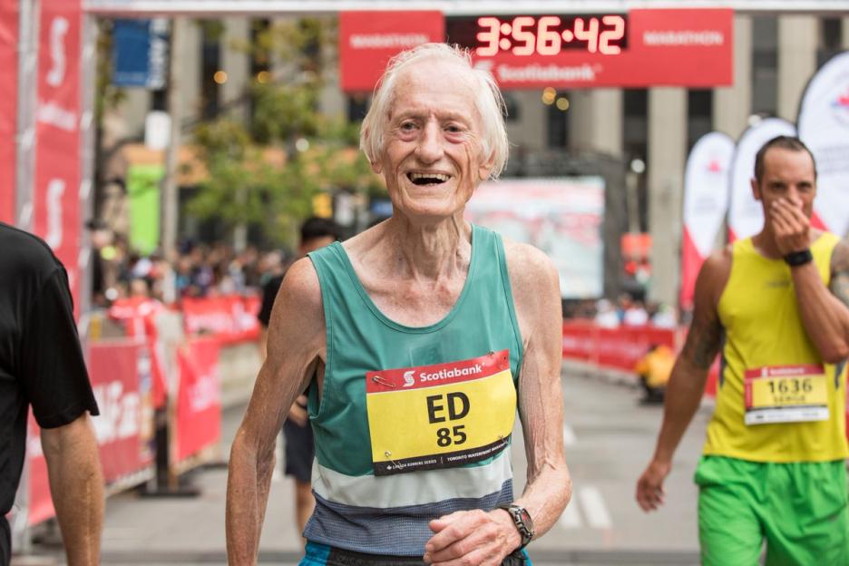 85-year-old Ed Whitlock finishing a marathon in 3:56.