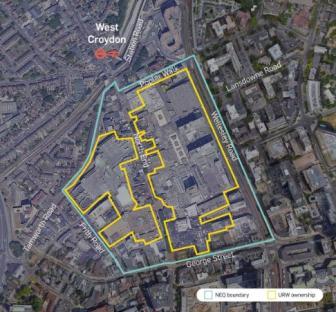 Aerial view of West Croydon redevelopment area showing NEQ boundary and URW ownership.