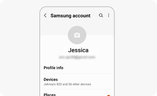 Screenshot of a Samsung account profile showing the user's name, profile picture, and linked devices.