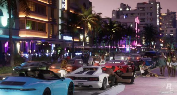 Video game screenshot showing a nighttime street scene with cars and pedestrians.