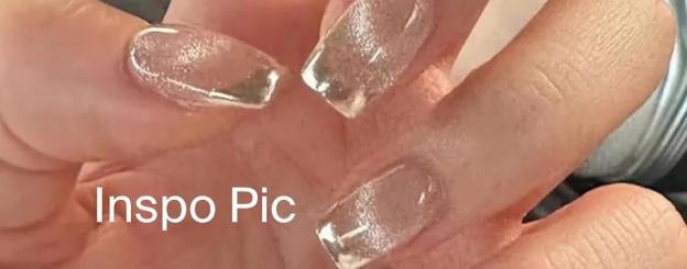 Before and after image of a manicure; the before image shows clear nails, and the after image shows damaged nails.