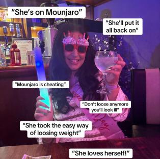 Woman celebrating birthday with text overlay about Mounjaro weight loss.