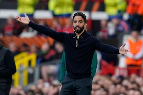 Ruben Amorim, manager of Manchester United, coaching during a match.