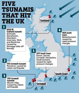 Map of five tsunamis that hit the UK.