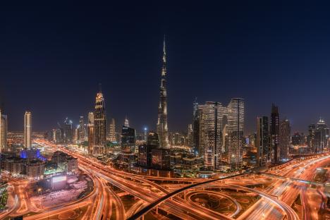 DUBAI,UAE - OCTOBER 29: An Aerial View of Dubai Interchange taken at sunset on 29.10.2022 in Dubai, United Arab Emirates