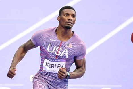 Fred Kerley of Team USA competing in the men's 100m semi-final.