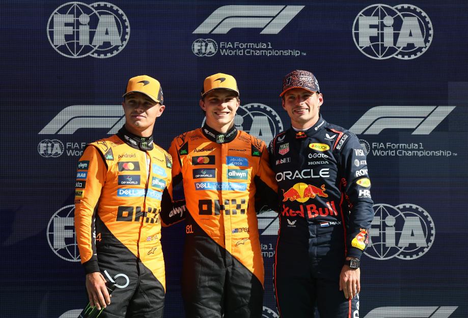 Oscar Piastri, Lando Norris, and Max Verstappen on the podium.