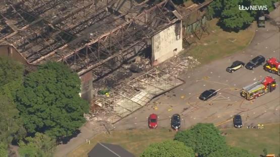 Aerial view of fire damage at Bicester Motion.