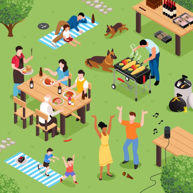 Illustration of a family barbecue with ten hidden hazards.