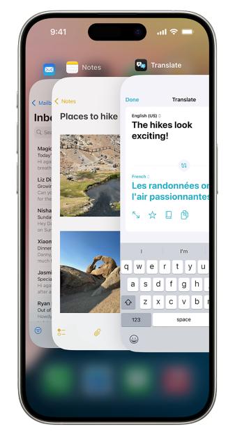 iPhone screen showing Notes app with hiking photos and Translate app translating "The hikes look exciting!" to French.