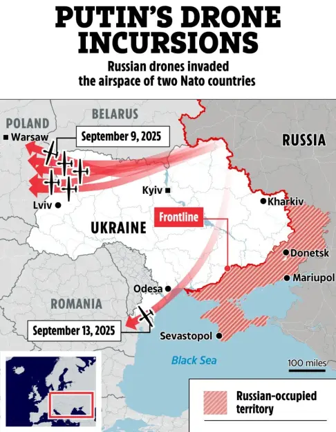 Illustration of Russian drone incursions into NATO airspace over Ukraine, Poland, and Romania.