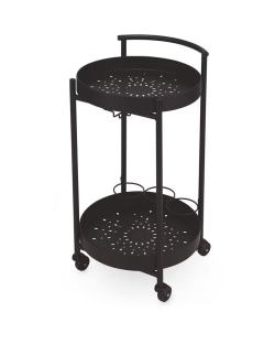 Black metal garden bar cart with two shelves.