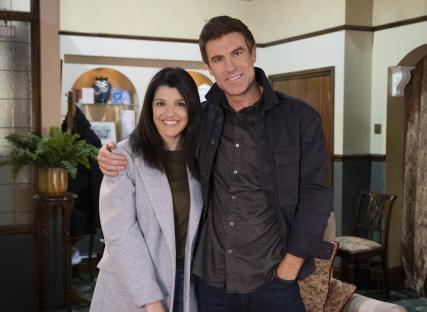 Photo of Natalie Anderson and James Cartwright on the set of Coronation Street.