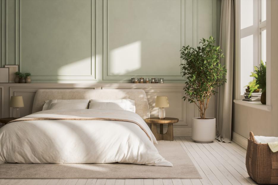 Pastel-toned modern bedroom interior.