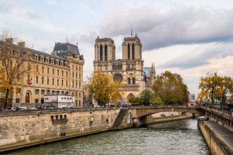 Notre Dame Cathedral in Paris, France, viewed from across the Seine River.