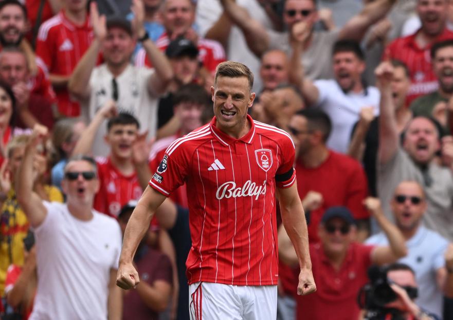 Chris Wood of Nottingham Forest celebrates scoring a goal.