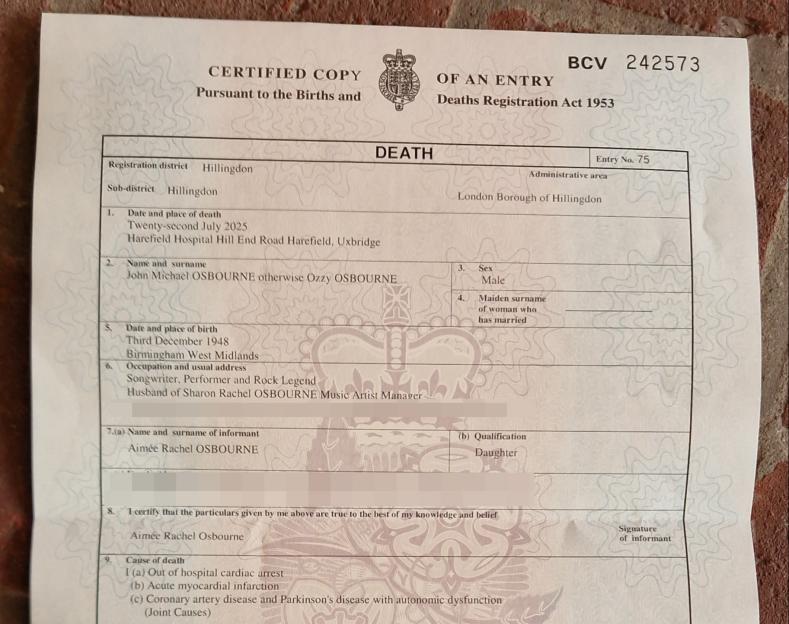 Certified copy of Ozzy Osbourne's death certificate.
