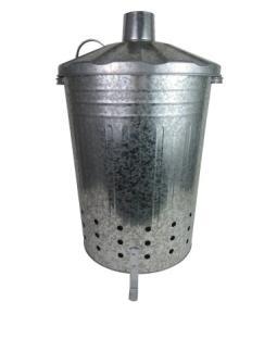 Metal garden incinerator with lid and legs.