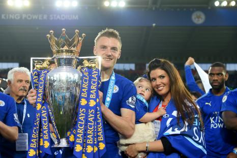 Jamie Vardy of Leicester City with his family and the Premier League trophy.