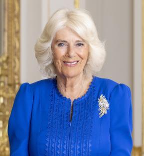 Portrait of Queen Camilla in a blue dress.