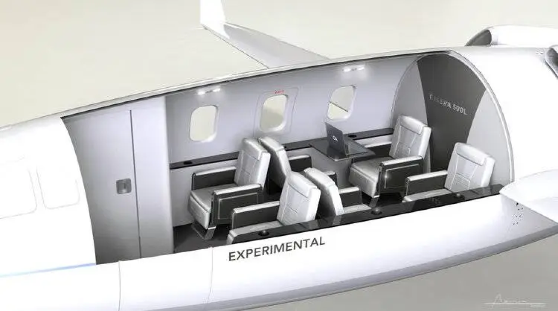 Illustration of the interior of a private jet with six seats, a table, and a laptop.