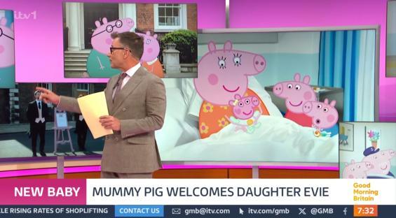 News segment announcing the birth of a new baby pig in Peppa Pig, with an image of Mummy Pig and her new baby.