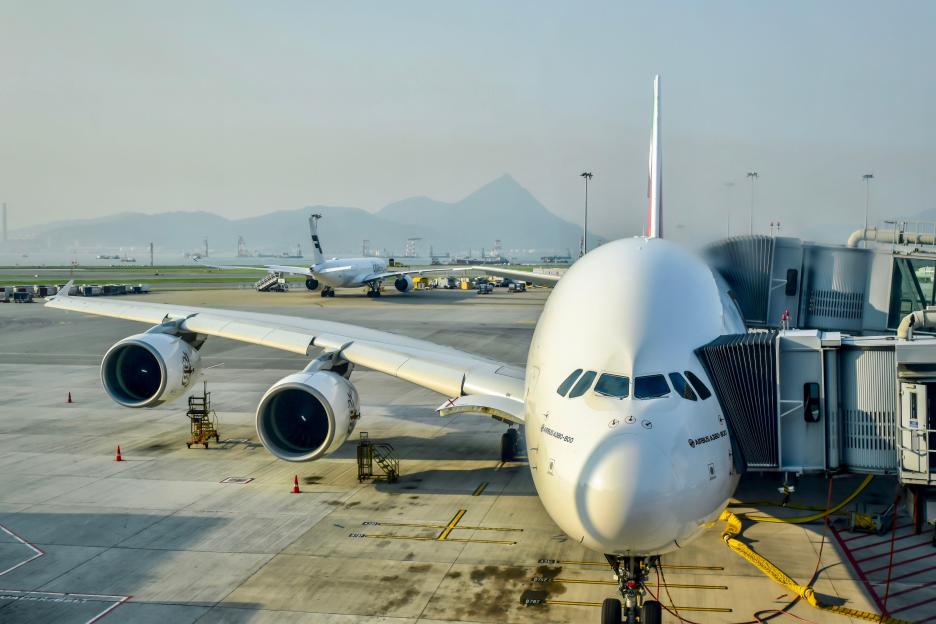 Emirates Airlines airplane at Hong Kong International Airport.