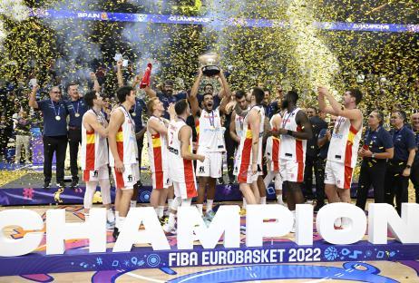 Spain's basketball team celebrates their FIBA EuroBasket 2022 championship win.